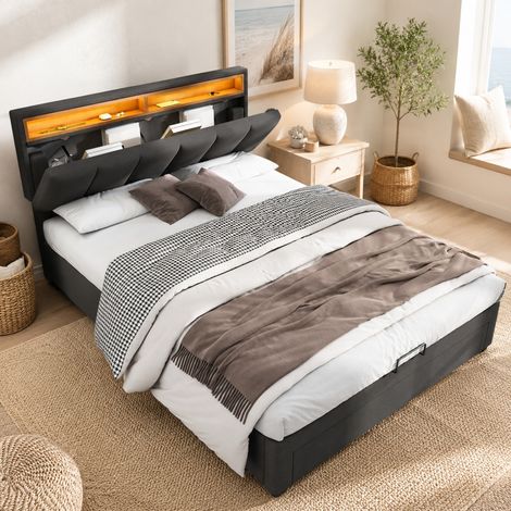 Jugendbett 140x200 cm Grau aus Leinen mit LED-Beleuchtung und Lattenrost (1/5)