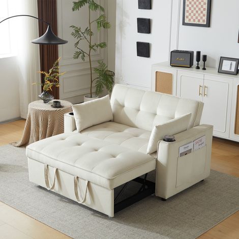 Divano Convertible 2 Posti in Velluto con Schienale Regolabile, 2 Portabicchieri, Tasca Laterale e 2 Cuscini Spessi, Beige