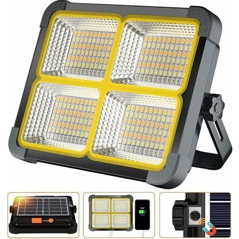 Projecteur LED Rechargeable 336 LEDs/ 100W/ Panneau Solaire/ 4 Modes d'éclairage/ Batterie Externe 12000mAh/ Absorption d'aimant, Idéal pour Camping, Travail, Pêche, Couleur Noire [Classe énergét (1/4)