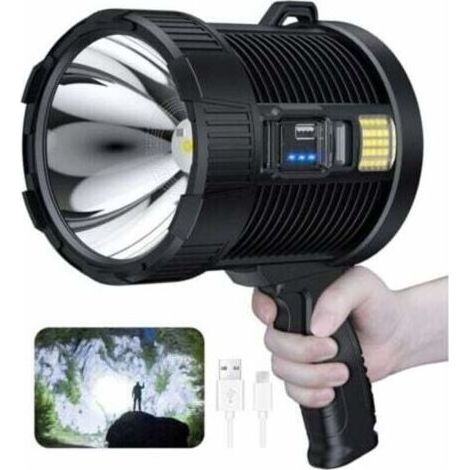 NALOOKAMIC Projecteur rechargeable, 100000 lumens Led projecteur à main grande lampe de poche projecteur solaire extérieur super lumineux, avec lampe Cob, 6 modes, étanche IPX5 (noir)-- (1/4)