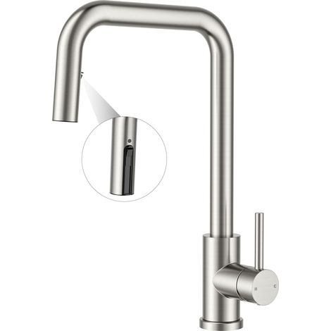 Robinet Cuisine, Mitigeur Cuisine à douchette escamotable, Robinet Evier 360° rotatif, Robinet de cuisine monocommande eau chaude et froide, Acier Inoxydable (1/5)