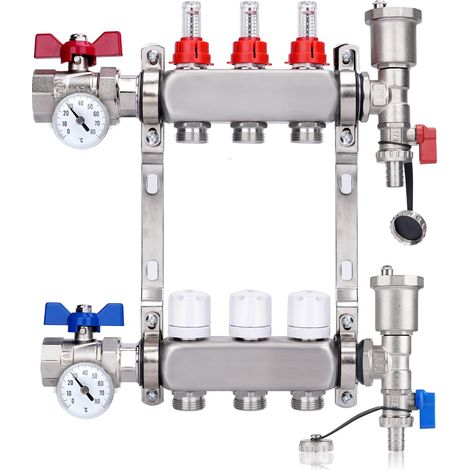 Kit Collecteur Radiateur, 3 Circuits Distributeur Chauffage, avec Thermomètreavec, Vannes à Boisseau Sphérique 1", avec Purgeur Manuel et Débitmètre, Raccords pour Eurocône 3/4, Distributeur HKV