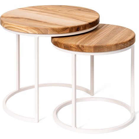 LAMO Manufaktur Couchtisch rund 2er Set - Beistelltisch Holz - Wohnzimmertisch rund, Kaffeetisch, Sofatisch modern, Holztisch für Wohnzimmer, Schlafzimmer- Farbe: Dunkl, Beine: Elfeinbein (1/5)