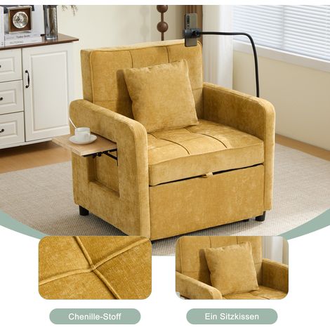 Fauteuil convertible 2-en-1 canapé-lit 1 place avec coussins, poches latérales, table latérale et sac de rangement – chenille jaune moutarde (1/4)