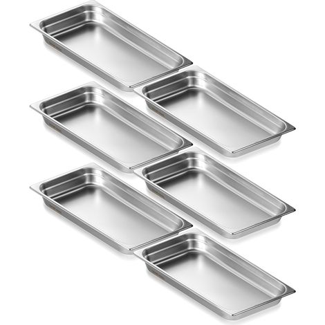 Bac Gastronorme GN 1/1 Lot de 6, Récipient Inox pour Bain-marie 0,8 mm d'Épaisseur, Bac Inox Alimentaire 6,7 cm Profondeur, pour Fours à Convection, Réfrigérateurs, Stockage, Restauration (1/5)