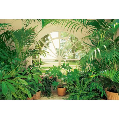 Papier peint panoramique trompe l'oeil fenêtre & plante | Tapisserie panoramique végétal idéale chambre | Papier peint panoramique jardin d'hiver - 384 X 260 cm (8 pièces) (1/2)