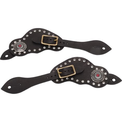 1 paire de sangles d'éperons en cuir noir avec strass, style western vintage, pour l'équitation en extérieur.