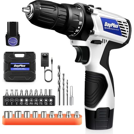 16.8V Perceuse-Visseuse à Percussion sans Fil - 2 vitesses - 400/1400RPM, Tournevis électrique avec Batterie 2x1.5 Ah, 45Nm, 18+1 réglage du couple, 23 pièces accessoires