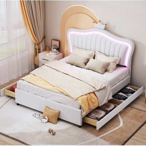 letto contenitore 140x200 LED bianco cassetti bimbi HAVRYA (1/5)