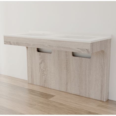 Cuisibane – Meuble sous vasque double vasque PMR 140 cm – Corps en panneaux mélaminés cambrian oak – Plan en résine avec trop plein moulé 140x55 cm (1/4)