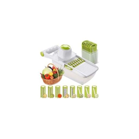 Mandolina todo en uno, cortador de frutas y verduras, cortador de verduras multifuncional, cortador de acero inoxidable intercambiable con recipiente para alimentos, protector de manos, cortador de ju