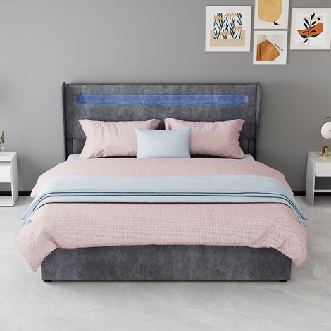 Cama 160x200 cm con iluminación LED regulable, cabecero ajustable y acabado en tela gris, estructura de metal estable para dormitorio moderno – CHICFURN (1/5)