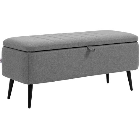 Panca contenitore imbottita, effetto lino, grigia, 102x40x44 cm, gambe in acciaio, portata 150 kg, ideale per riporre coperte, ingresso, soggiorno, camera da letto.