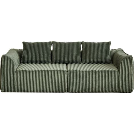 Sofá modular de corduroy verde de 235,5 cm con líneas curvas y respaldo suave, con 2 cojines (1/5)