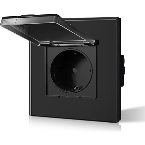 Flush-mounted socket with waterproof cover, glass wall socket ideal for damp rooms, outdoor and indoor use, 86 mm, 1 compartment black (1/5)