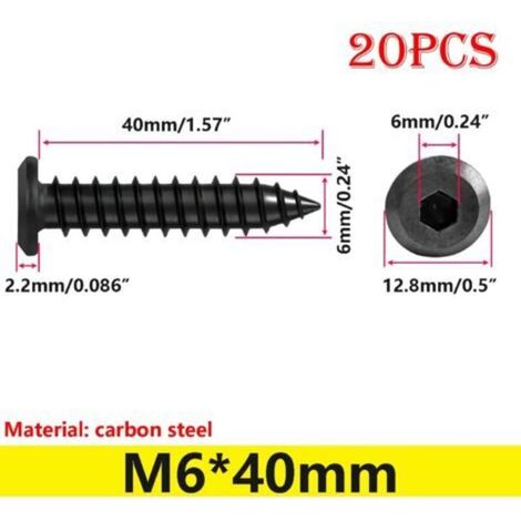 20 Pièces Vis Autotaraudeuses à Tête Plate M6x40mm Vis à Bois à Six Pans Creux, pour Plastique Bois Métal, Noir (1/5)