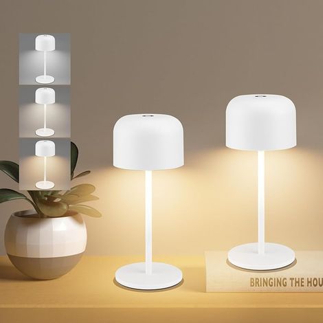 2 pièces Led Dimmable Lampe De Table Sans Fil Exterieur, 3000K-6000K Petite Lampe De Bureau Rechargeable Avec Usb-C, Blanc, IP54 Étanche, H29cm, Aluminium, Lumière Chaude/Naturelle/Froide (1/5)
