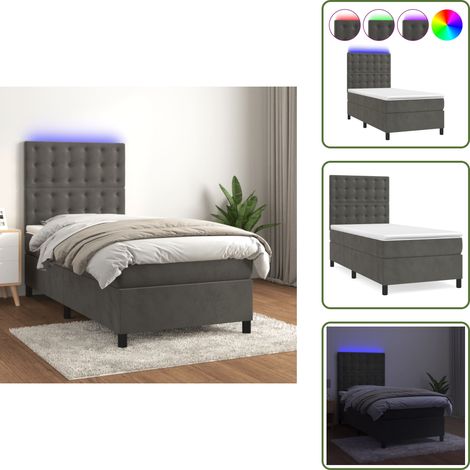 The Living Store Cama box spring colchón y LED terciopelo gris oscuro 80x200 cm - Colchón con LED