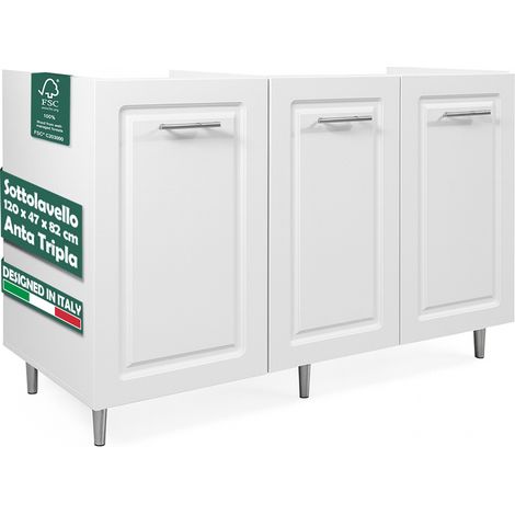 Mobile Sottolavello Cucina Componibile in Legno Boiserie Colore Bianco 3 Ante