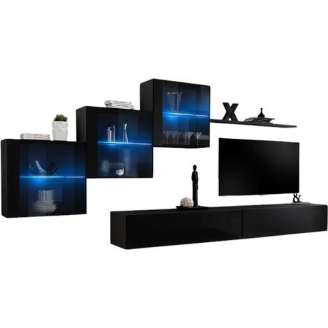Wandkomposition SWITCH XX – Doppeltes TV-Möbel, LED verglaste Würfel und Regal – Hochglanz Schwarz – Zeitgenössisches Design