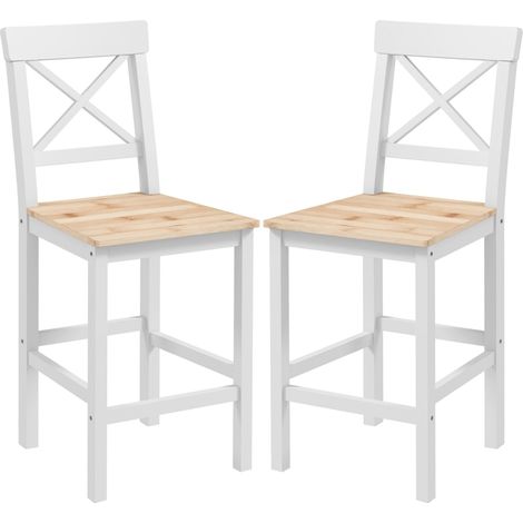 Lot de 2 tabourets de bar, chaises hautes campagne, dossier haut et repose-pieds, 41x46x97,5cm, blanc et bois naturel (1/5)