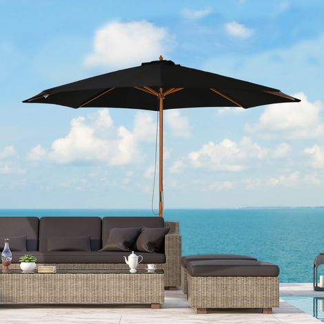 Ombrellone da giardino Outsunny per esterni, Ø300 cm, con sistema a carrucola, tetto ventilato e palo in legno staccabile, ideale per patio e terrazza, colore nero.