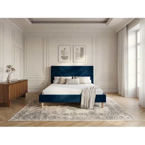 BOBOCHIC - Lit ROMANE avec lattes massives tissu velours 140x190 Bleu foncé (1/5)