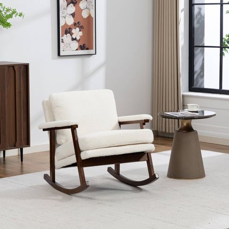 Sillón mecedora Mid-Century con estructura de madera, tapizado, blanco HAVRYA (1/5)
