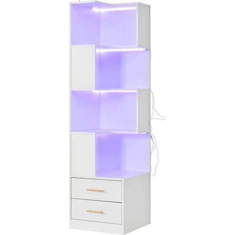 Estantería de esquina blanca de 165 cm con iluminación LED, 2 cajones y 4 niveles, HOMVRA (1/5)