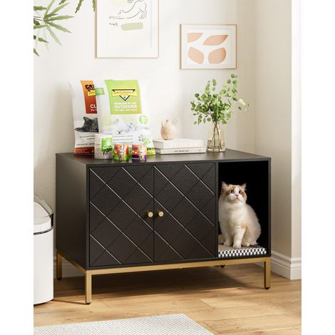 1 Armoire à litière pour chat, double portes, tapis griffoir, pieds hauts, table d'appoint, 80x50x55 cm, noir (1/5)