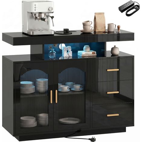 HOMCOM High Gloss Sideboard with LED Lights, Power Outlets, Drawers, Black (1/5)
