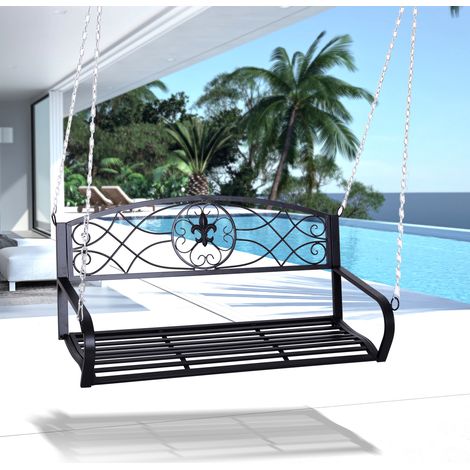 Banc suspendu, balancelle de jardin 2 places, balancelle Hollywood, banc suspendu avec chaînes, métal, noir, 132 x 63 x 58 cm