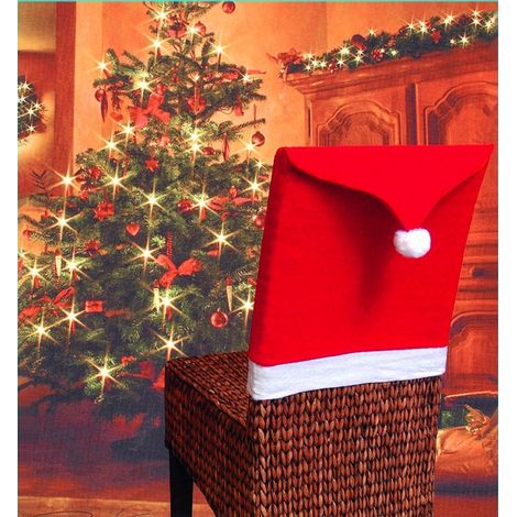 Housse de chaise rouge de Noël (6 pièces), décoration de table de Noël, chapeau de Noël (1/5)