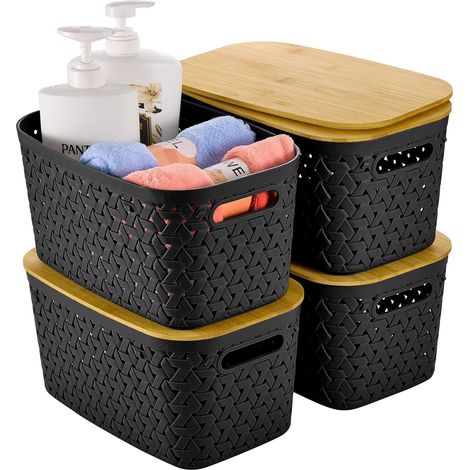 Ensemble de 4 boîtes de rangement avec couvercle en bambou, paniers de rangement en plastique, paniers imitation rotin, boîtes de rangement minimalistes pour bureaux, tables basses (1/5)