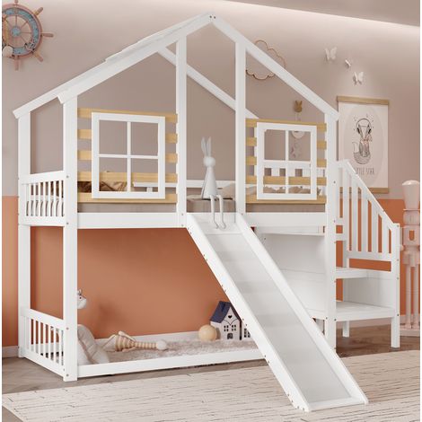 Letto a castello a casetta con scivolo e scala, 90x200 cm, legno massello e MDF, bianco e naturale, con finestre e barriera (1/5)