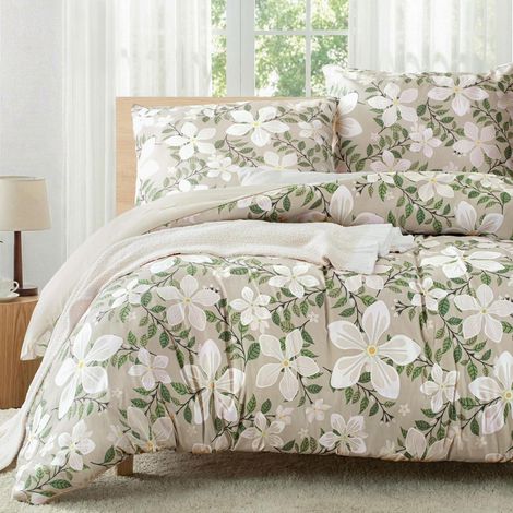 Bettwäsche 220x240 cm 3-teilig mit Blumenmuster, Mikrofaser, beige