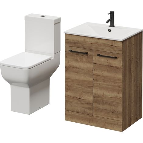 Napoli 460 Tobacco Oak 600mm 2 Door Vanity Unit and Tacoma Comfort Height Toilet Suite with Angel Basin - 600mm - Matt Black 160mm Handle