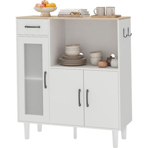 Küchensideboard mit Schublade, 2 Türen, offenem Fach, geriffelter Acrylglastür, weiß + Eiche, 80 x 34 x 91 cm