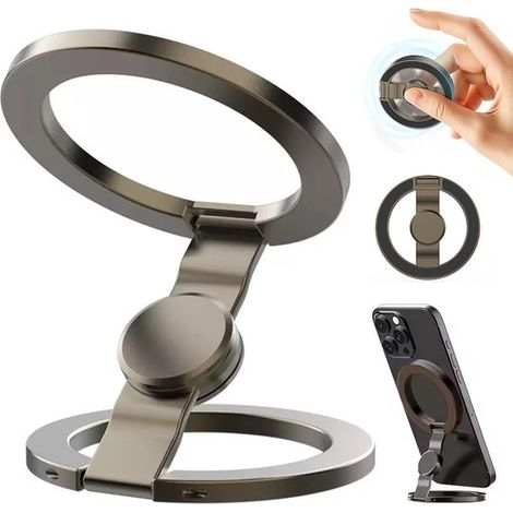 Longziming - Support magnétique pour téléphone - Support pliable pour smartphone - Anneau rotatif à 360° - Double fixation magnétique - Support en aluminium - Idéal pour le bureau, la voiture et les v (1/5)