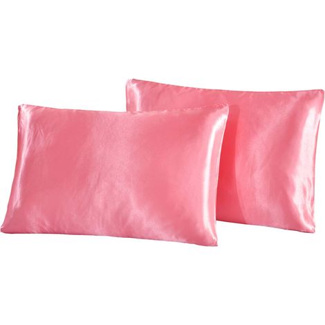 Lot de 2 taies d'oreiller en satin rose de taille standard 50 x 75 cm – taies d'oreiller en microfibre de polyester ultra douce et lisse pour les cheveux et la peau, fermeture à rabat (1/4)