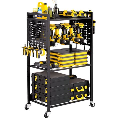 Chariot à Outils, 4 Niveaux, Chariot Servante d'Atelier à Roulettes, Capacité de Charge 68 kg, Rangement d'Outils Électriques, Support de Perceuse, pour Garage, Atelier de Réparation, Noir (1/5)