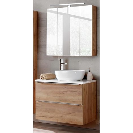 Badmöbel Set mit Keramik-Aufsatzwaschbecken TOSKANA-56 Wotaneiche/Hochglanz weiß BxHxT ca. B/H/T: 80/190/46cm (1/5)