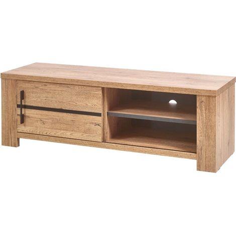 Meuble TV 1 porte coulissante aspect chêne naturel et noir mat - CARVIK (1/5)