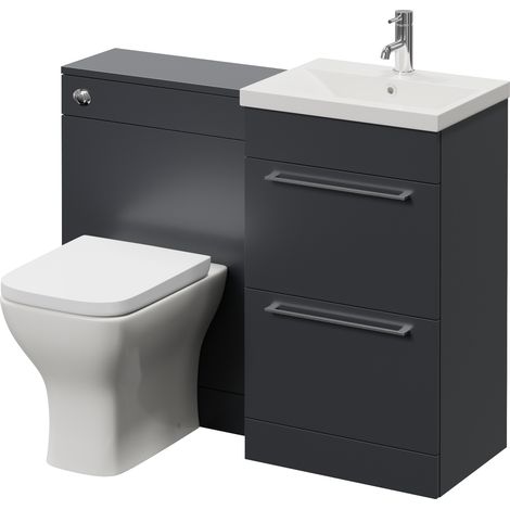 Napoli 390 Cento Gloss Grey 1100mm 2 Drawer Vanity Unit Toilet Suite with Glide Basin - 1100mm - Chrome 320mm HandleWith Kingston Toilet Pan and Seat