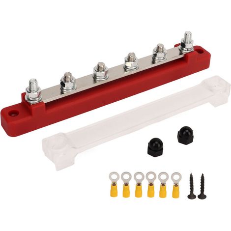 Morsettiera di distribuzione di alimentazione a 6 vie con coperchio antipolvere, perni M6, da 12V a 48V DC, 150A per auto, barche, camper, rossa -Crezuo