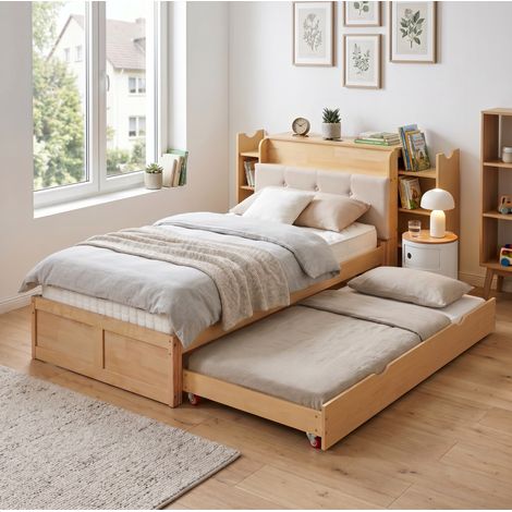 MEUBLIV Lit 90x200 cm bois naturel – lit gigogne avec USB et rangement, sans matelas (1/5)
