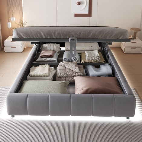 Lit rembourré 140×200cm gris,sans tête,LED monochrome,cadre flottant hydraulique,rangement,lit simple pour jeunes