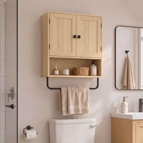 Armoire murale de salle de bain, meuble de rangement suspendu avec 2 portes, étagère ouverte, porte-serviettes, chêne (1/5)