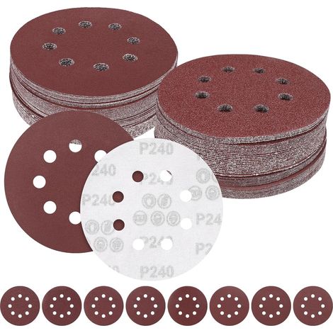 104 Pièce Disques-Abrasifs-Bois-125 mm de Ponçage,Disque de Ponçage,8 Trous Disque Poncage pour Ponceuse Excentrique Poncer/Polir/Dérouiller,Grain Mixte 40/60/80/100/120/150/180/240 Papier Poncer
