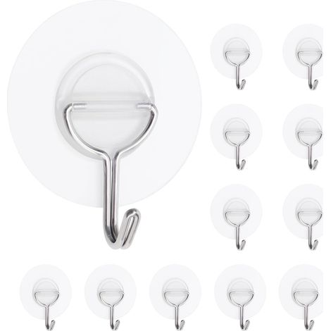 Lot de 12 petits crochets adhésifs en plastique transparent, ultra-résistants et faciles à fixer au mur. (1/5)